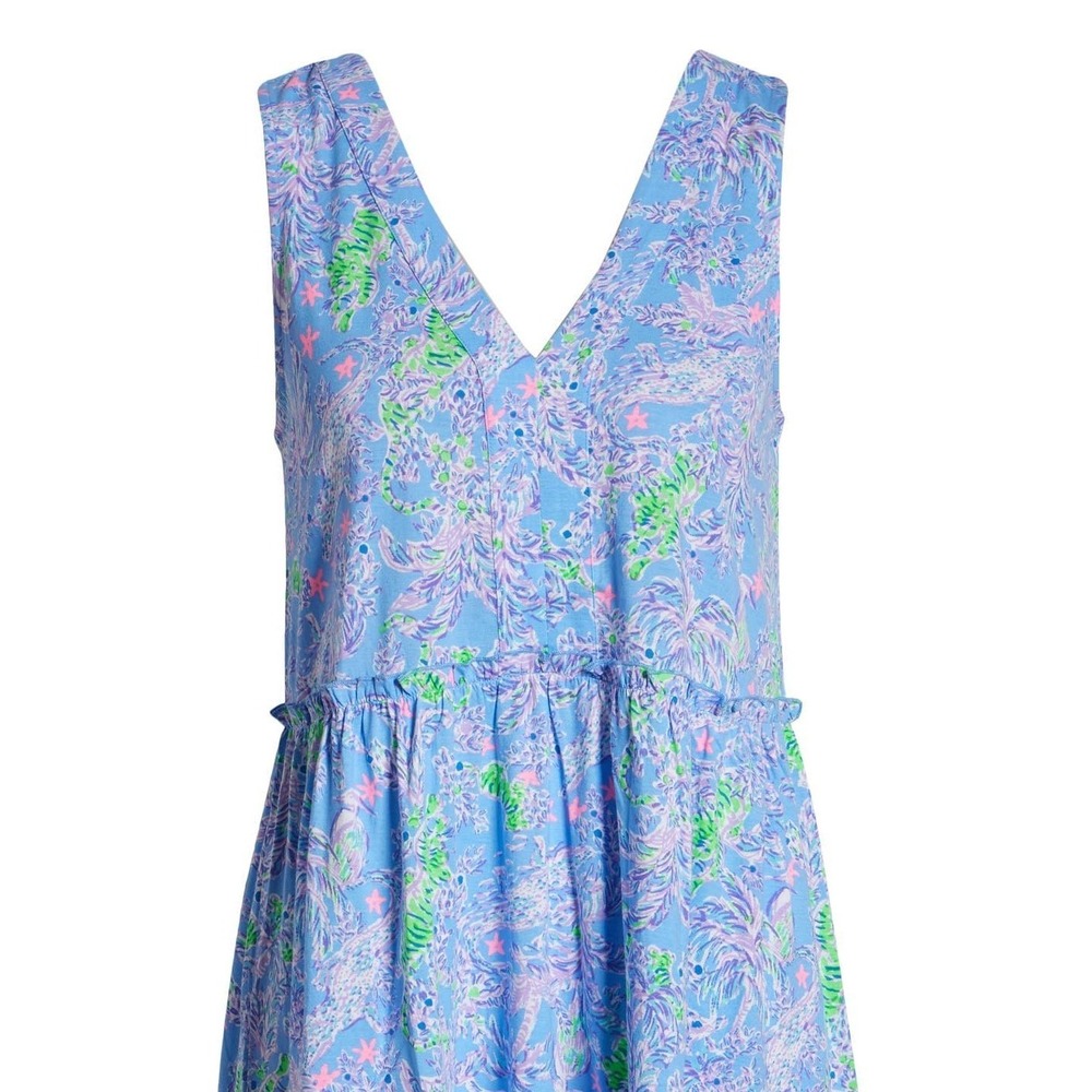 Lilly Pulitzer V-Neck Tiered Top Tiger Sunrise Blue Small Preppy Coastal